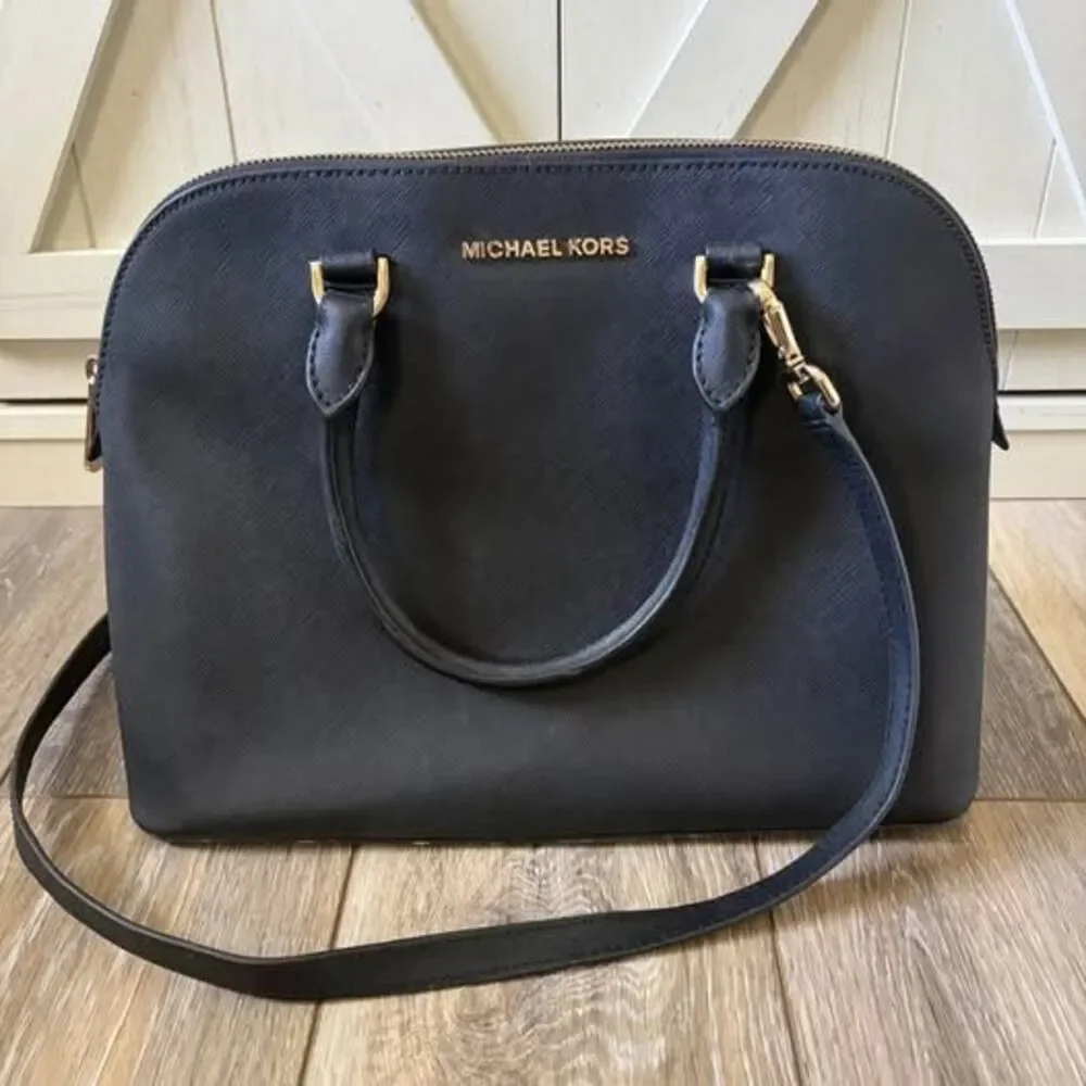 Michael Kors Cindy Large Dome Satchel Black & Gold Shoulder Bag Purse